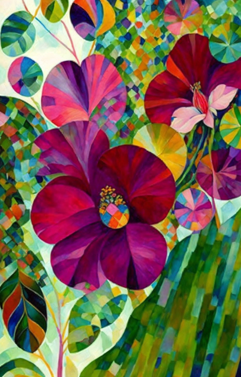 Colorful Floral Mosaic Painting with Geometric Patterns