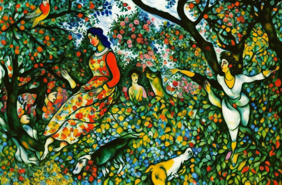 Colorful garden scene with women, animals, flowers, and fruit trees in folk art style.