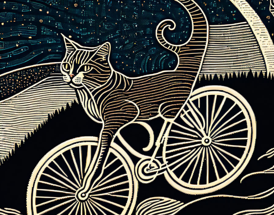 Stylized cat on bicycle in white and gold on dark background