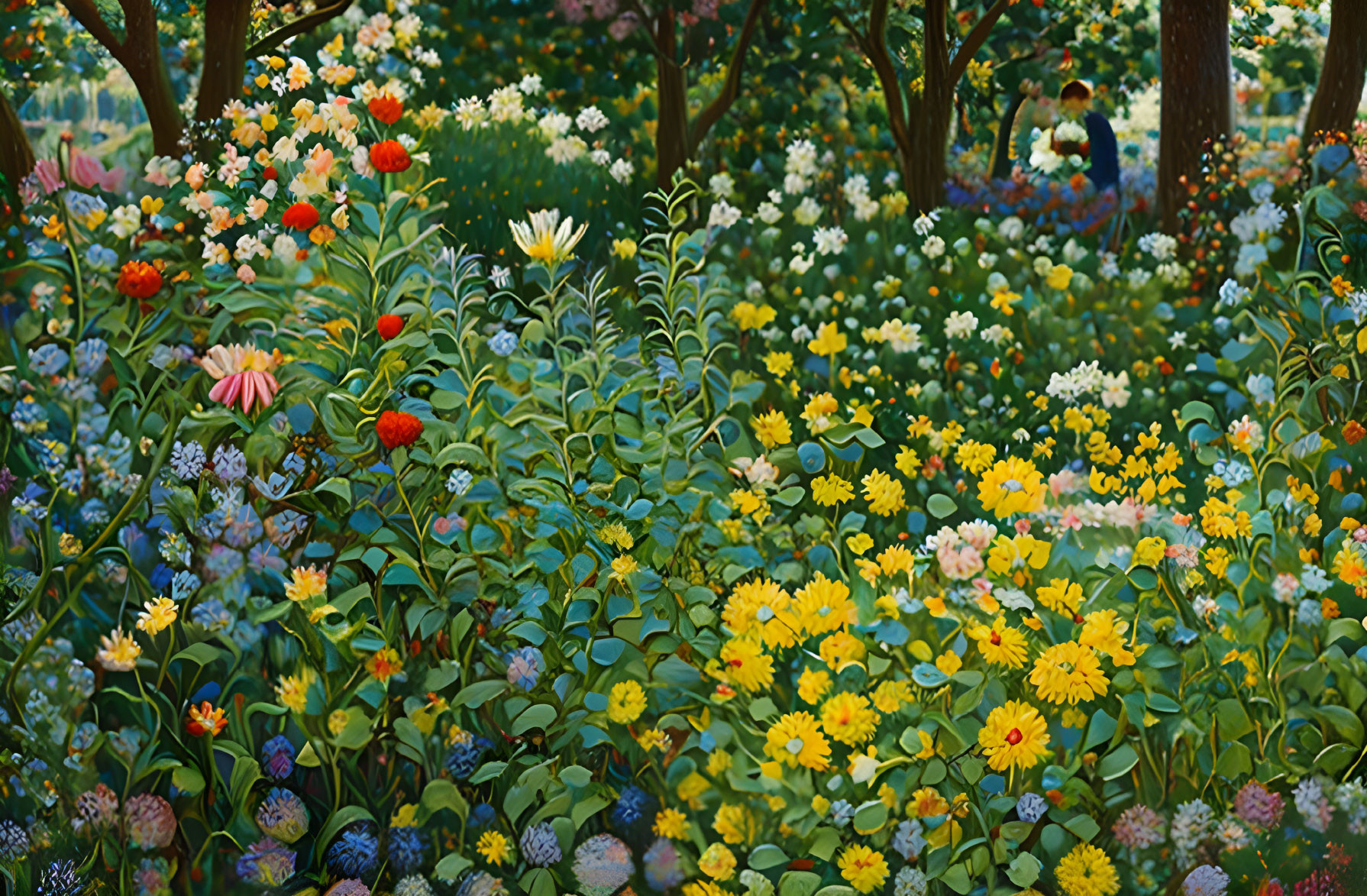 Colorful Flower Garden with Lush Greenery and Blurred Figures