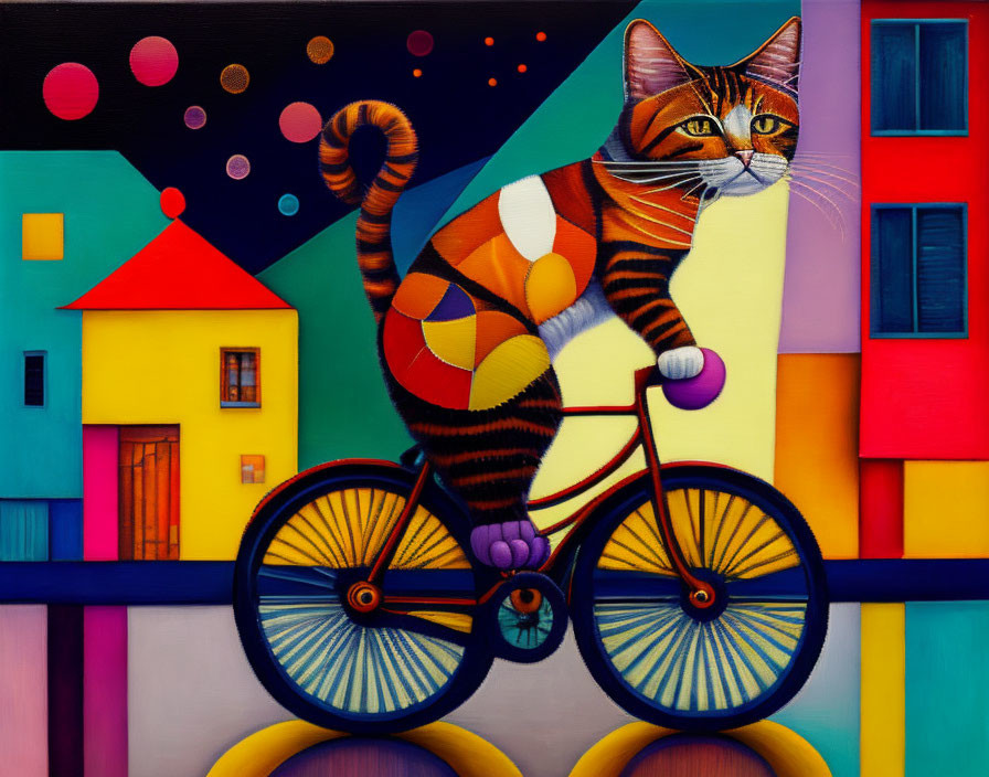 Colorful Cat Riding Bicycle Through Whimsical Cityscape