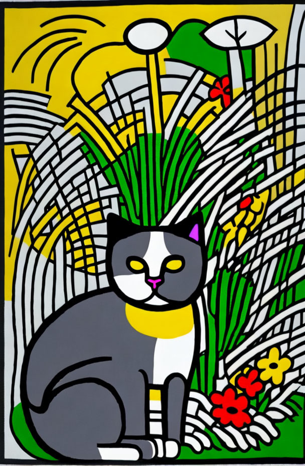 Colorful Cat Illustration Among Leaves and Flowers with Sun and Clouds