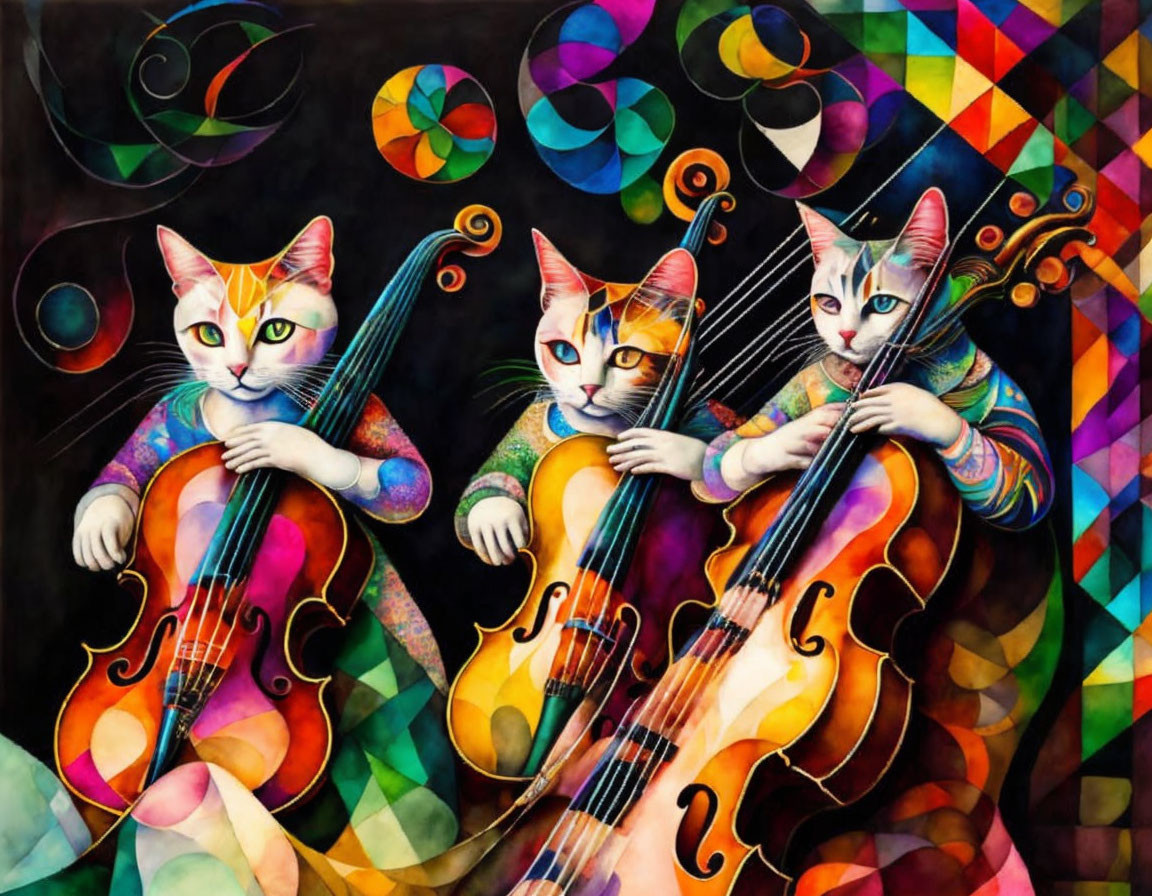 Colorful Anthropomorphic Cats Playing Cellos on Geometric Background
