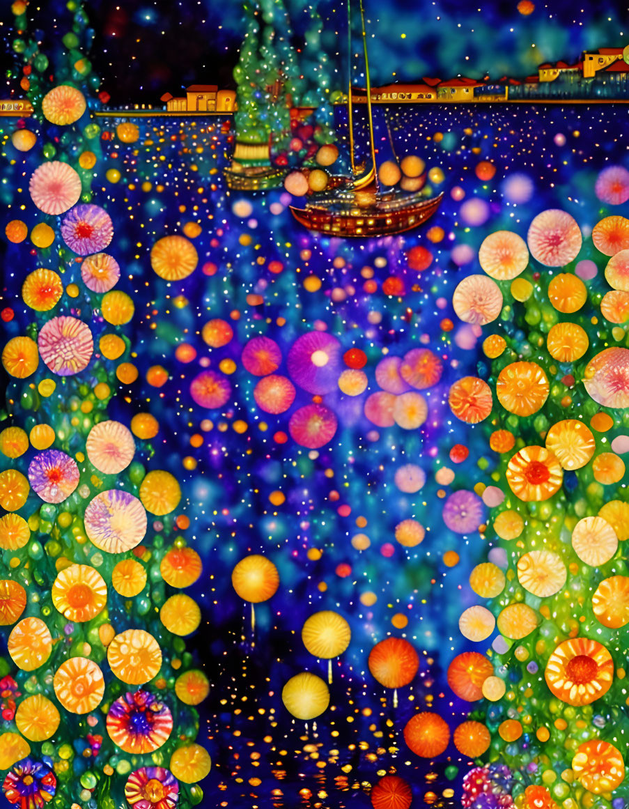 Colorful Fantasy Illustration: Night Sky, Sea, Boat, Bright Orbs & Patterns