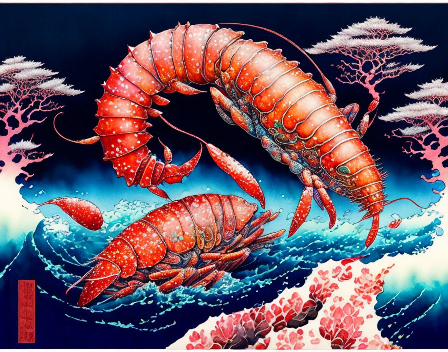 Underwater scene with lobster, shrimp, coral reefs, and ocean backdrop