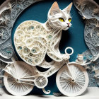 Intricate Paper Art: White Cat on Bicycle with Green-Eyed Companion