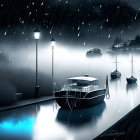 Night-time harbor scene with boats, streetlamp, rain, and cloudy sky