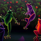 Colorful Geometric-Patterned Frogs with Exaggerated Eyes in Nocturnal Scene
