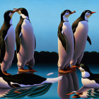 Vibrant geometric penguins on platforms with water reflections against blue backdrop