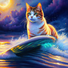 Colorful Cat Surfing Cosmic Waves with Moon and Stars