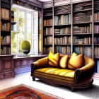 Colorful Room with Rainbow Sofa, Geometric Rug, Bookshelves, and Red-Frame Windows