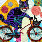 Vibrant Quilted Artwork of Cat Riding Bicycle