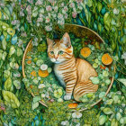 Orange Tabby Kitten Among Green Foliage and Oranges