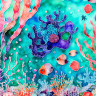 Colorful Cat on Bicycle Surrounded by Marine Life and Coral
