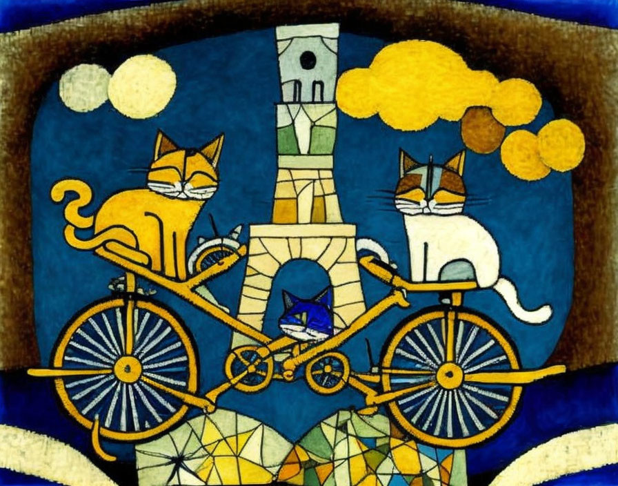 Stylized cats on tandem bicycle in quaint town under night sky
