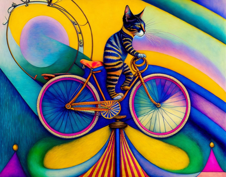 Colorful Cat Riding Bicycle with Abstract Background and Floating Hoop