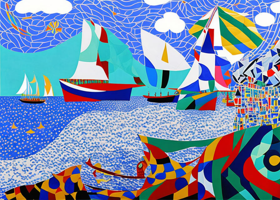 Colorful Abstract Painting of Sailboats on Blue Sea with Stylized Clouds