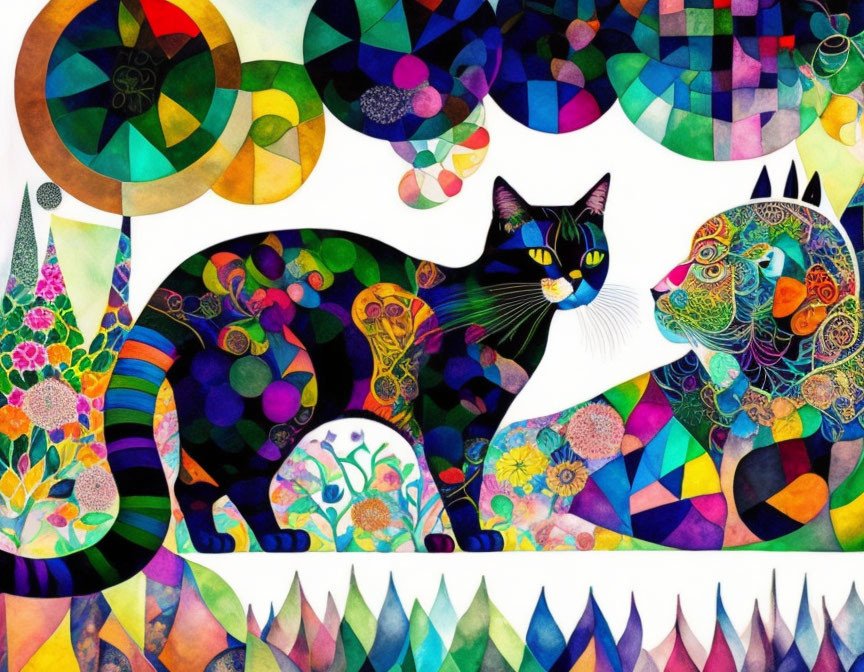 Vibrant abstract art featuring stylized cats and geometric patterns