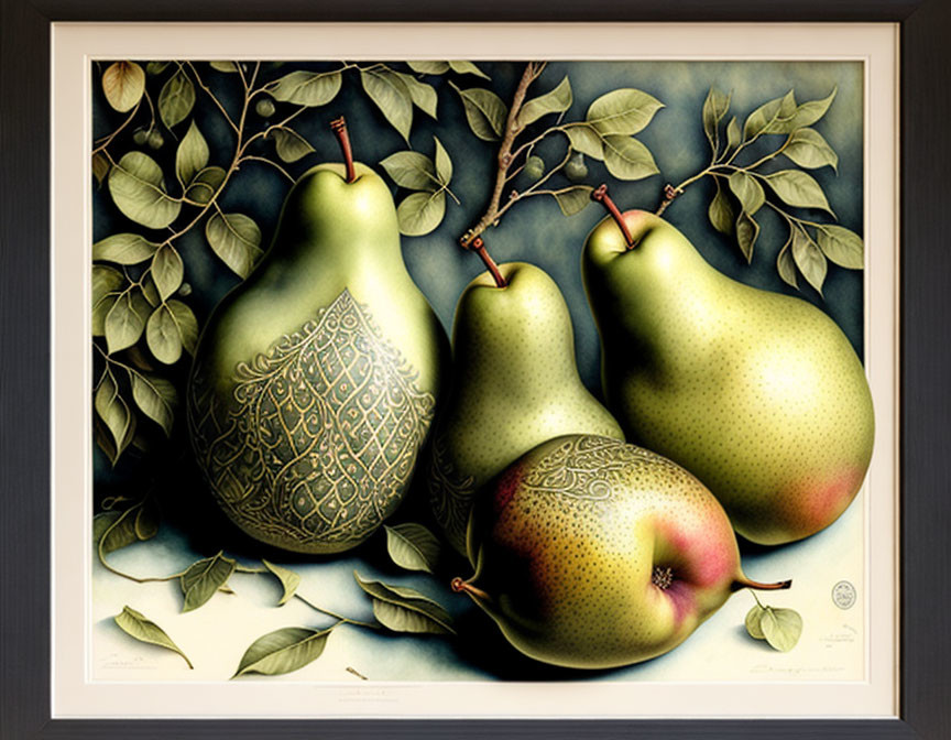 Realistic framed art of three pears on a branch, one with intricate patterns