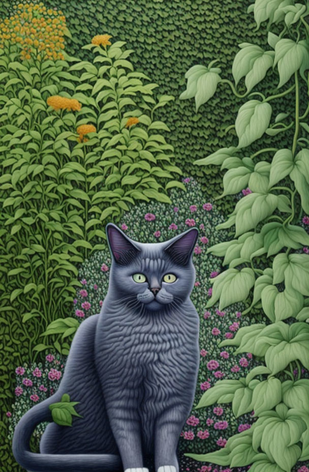 Realistic Grey Cat Illustration with Yellow Eyes in Green Garden