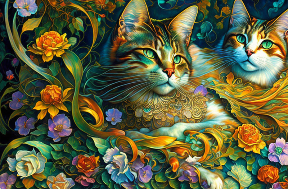 Colorful artwork of two cats amidst vibrant flowers and intricate patterns