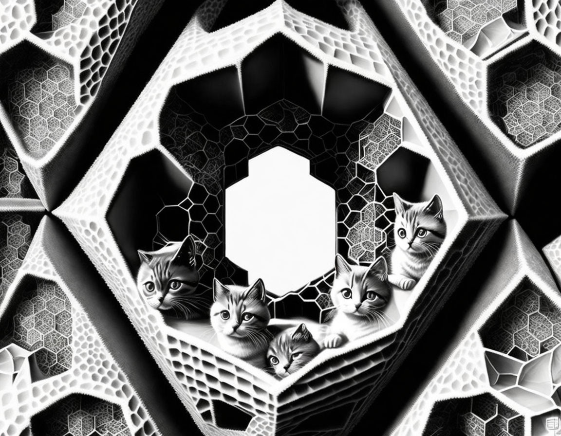 Surreal black and white artwork: Kittens in hexagonal honeycomb structures