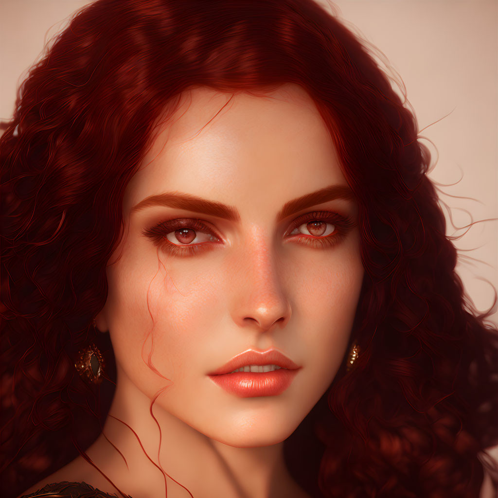 Woman with Deep Red Curly Hair and Piercing Brown Eyes wearing Gold Earrings