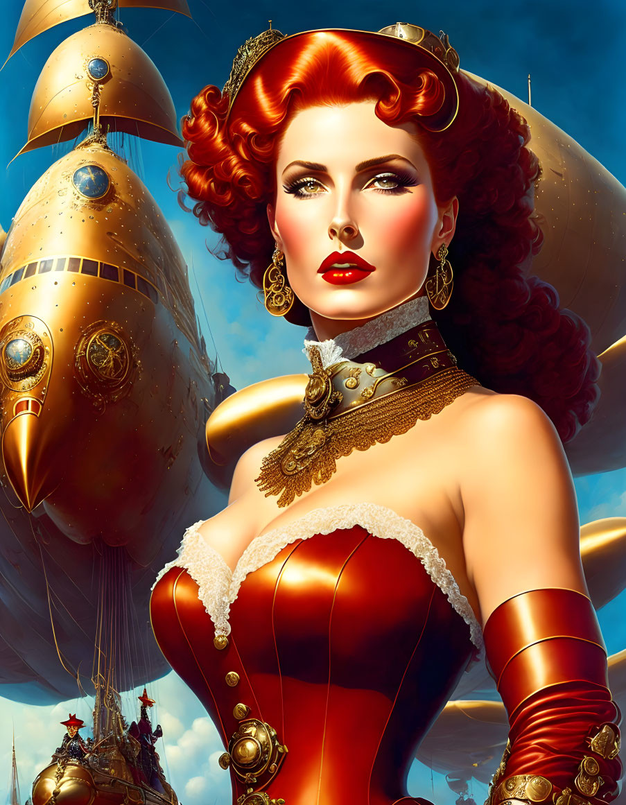 Steampunk digital art: Red-haired woman with airships