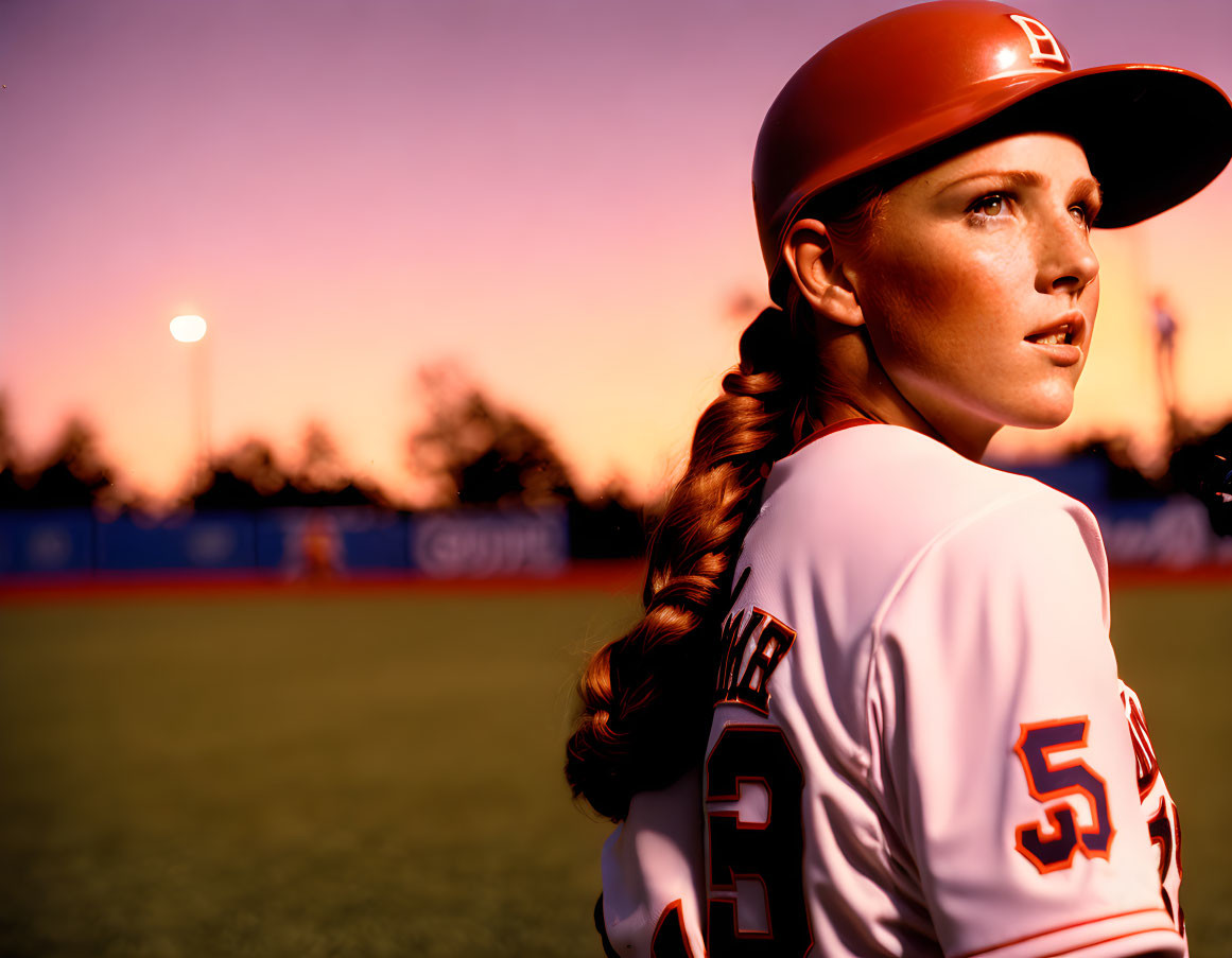 Female baseball player in white and orange uniform at sunset game