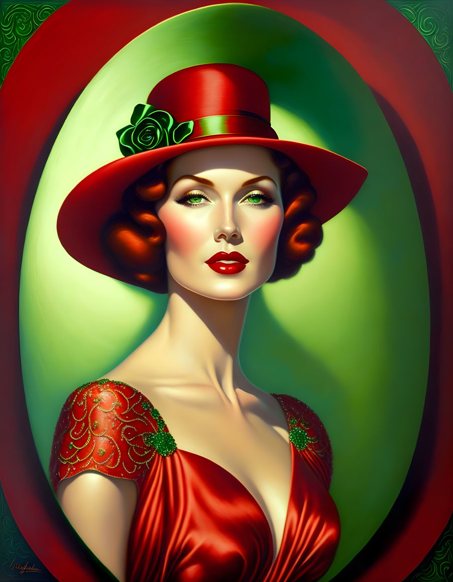 Stylized portrait of woman with red hair, green eyes, and red dress on ornamental green