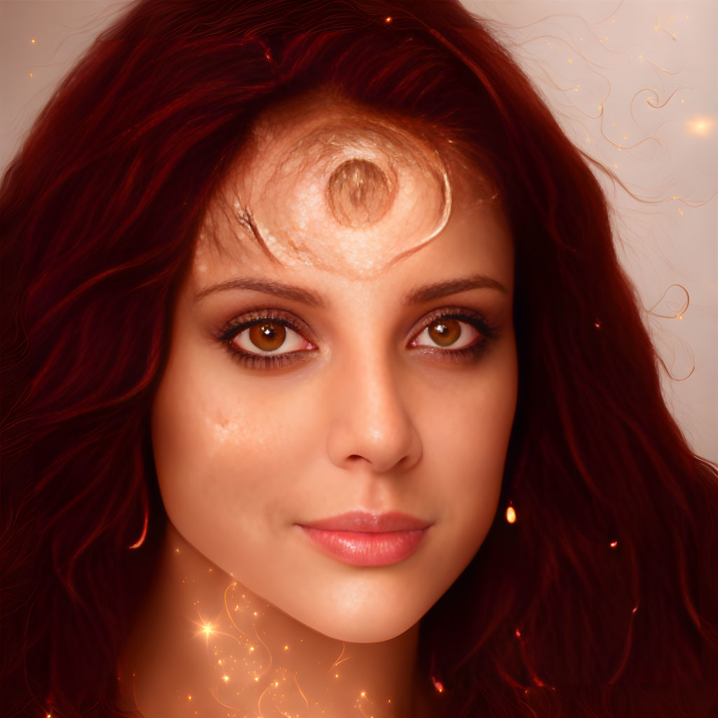 Red-haired woman with crescent moon and twinkling lights portrait.