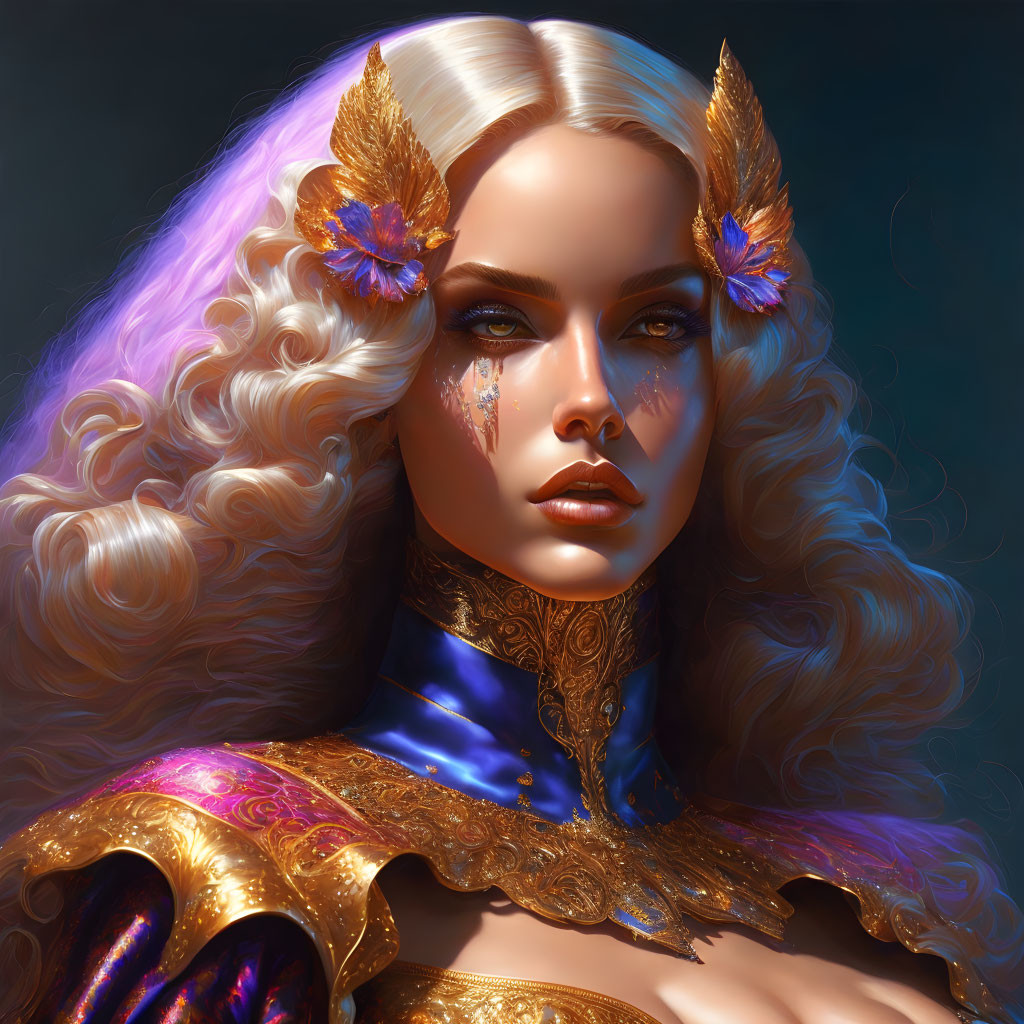 Fantasy portrait of woman with golden elf-like ears and purple hair in ornate armor.