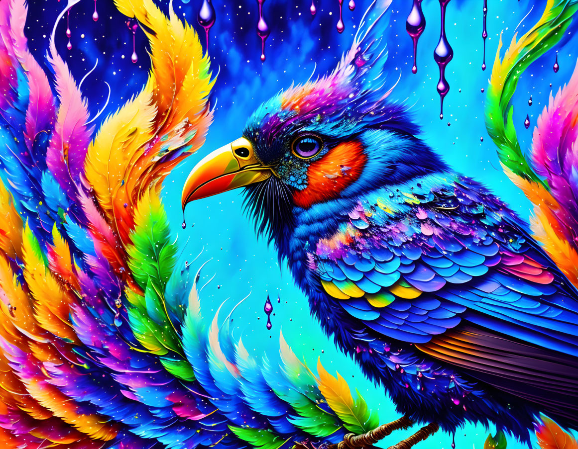 Colorful Bird Artwork with Dripping Paint Details on Blue Background
