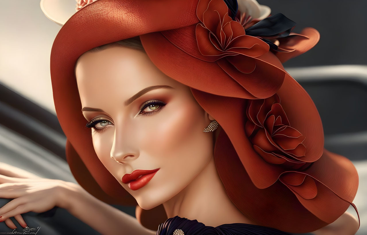 Detailed digital artwork of a woman in red hat with flowers, elegant and poised.