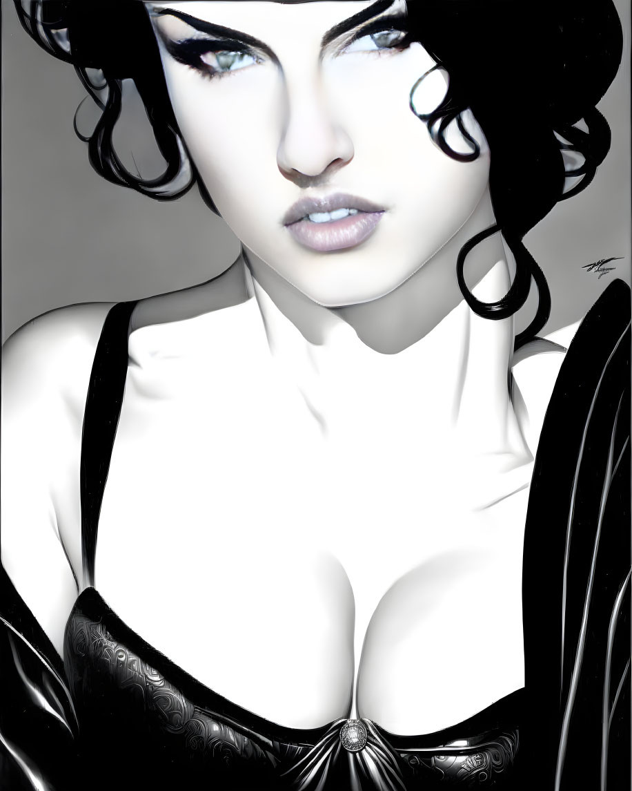 Stylized portrait of female figure with dark eye makeup and black curly hair on white background