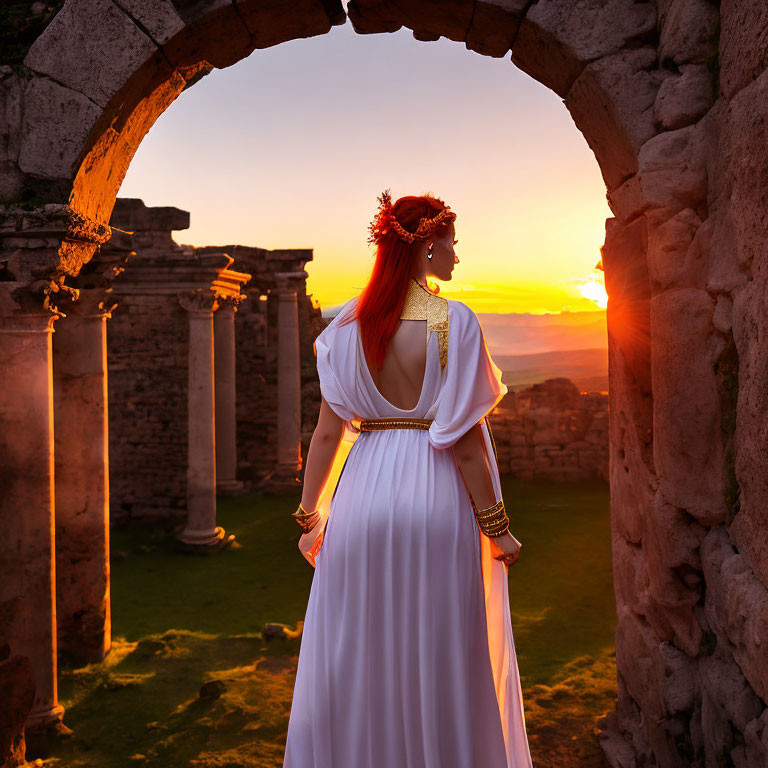 Woman in White Gown and Red Headpiece in Ancient Stone Archway at Sunset