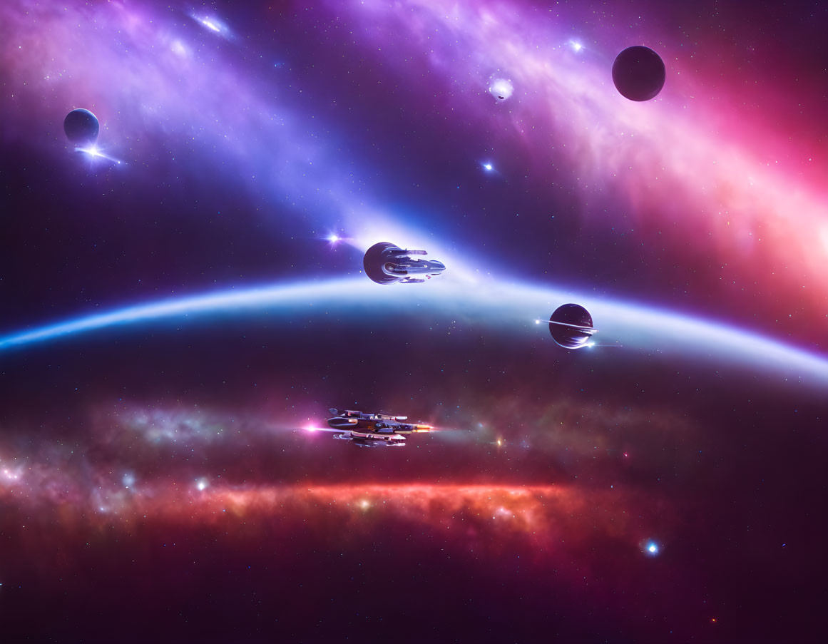 Colorful Cosmic Scene with Spaceships and Planets