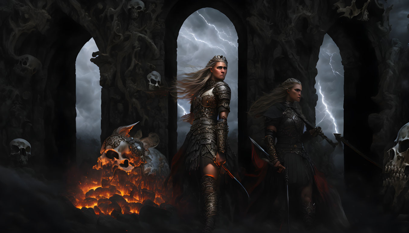 Armored female warriors in fantasy battle scene with skulls and fiery chasm