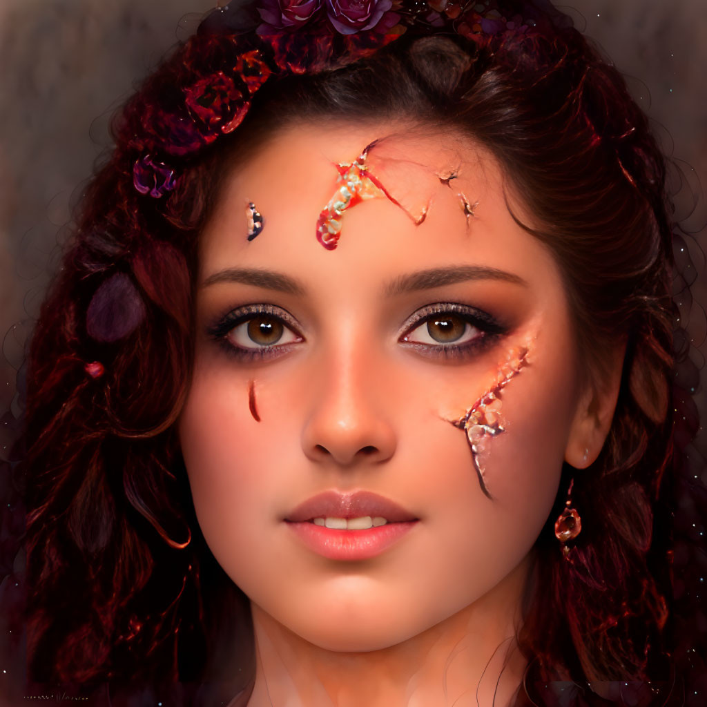 Dark Curly-Haired Woman with Red Flower Adornments and Glittery Red Makeup