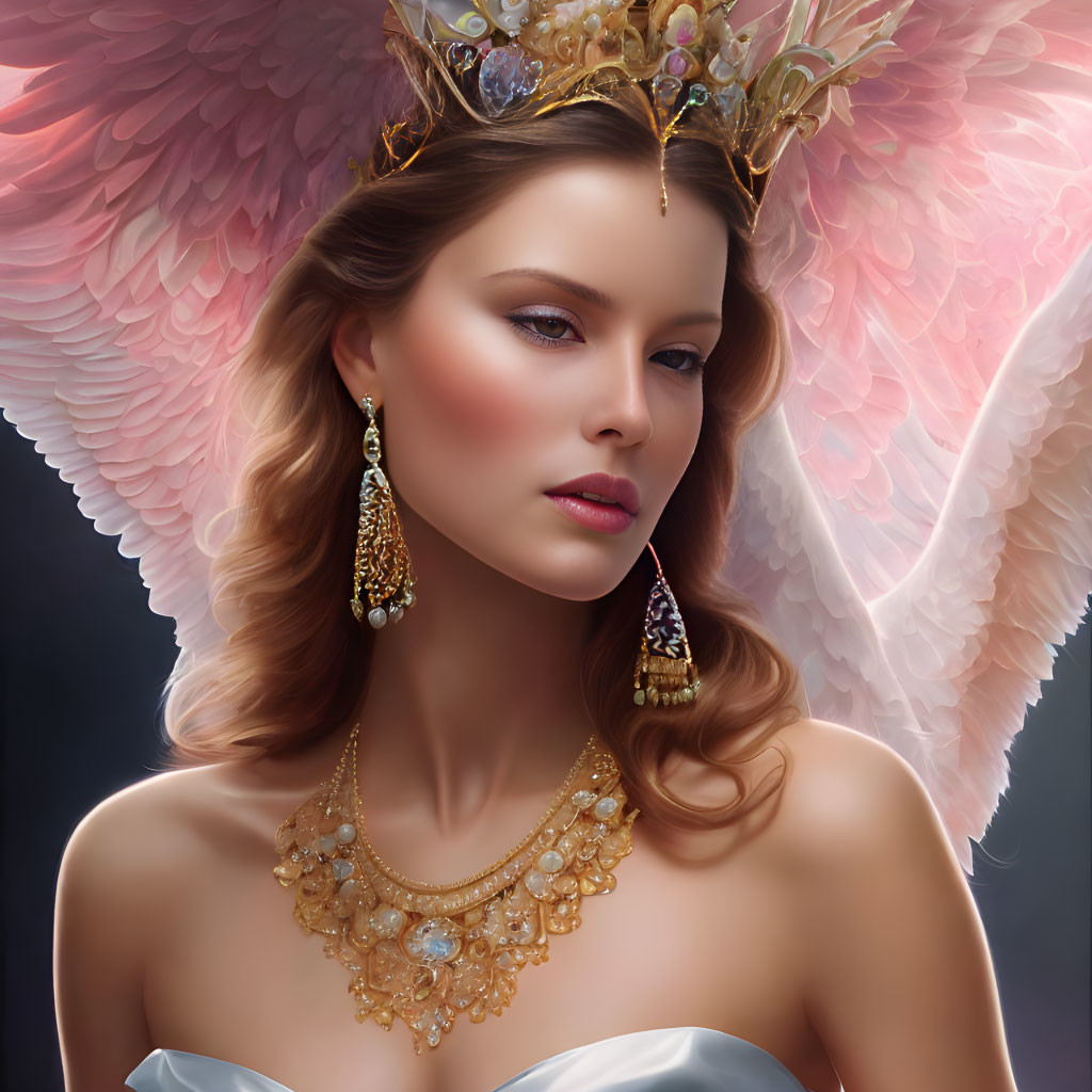 Regal Winged Female Figure with Pink Wings and Gold Jewelry