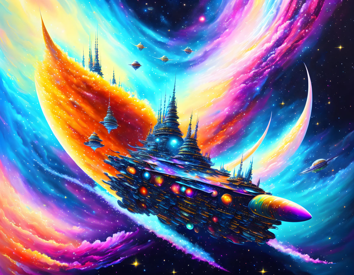 Colorful Space Scene with Futuristic City, Spaceships, and Moon