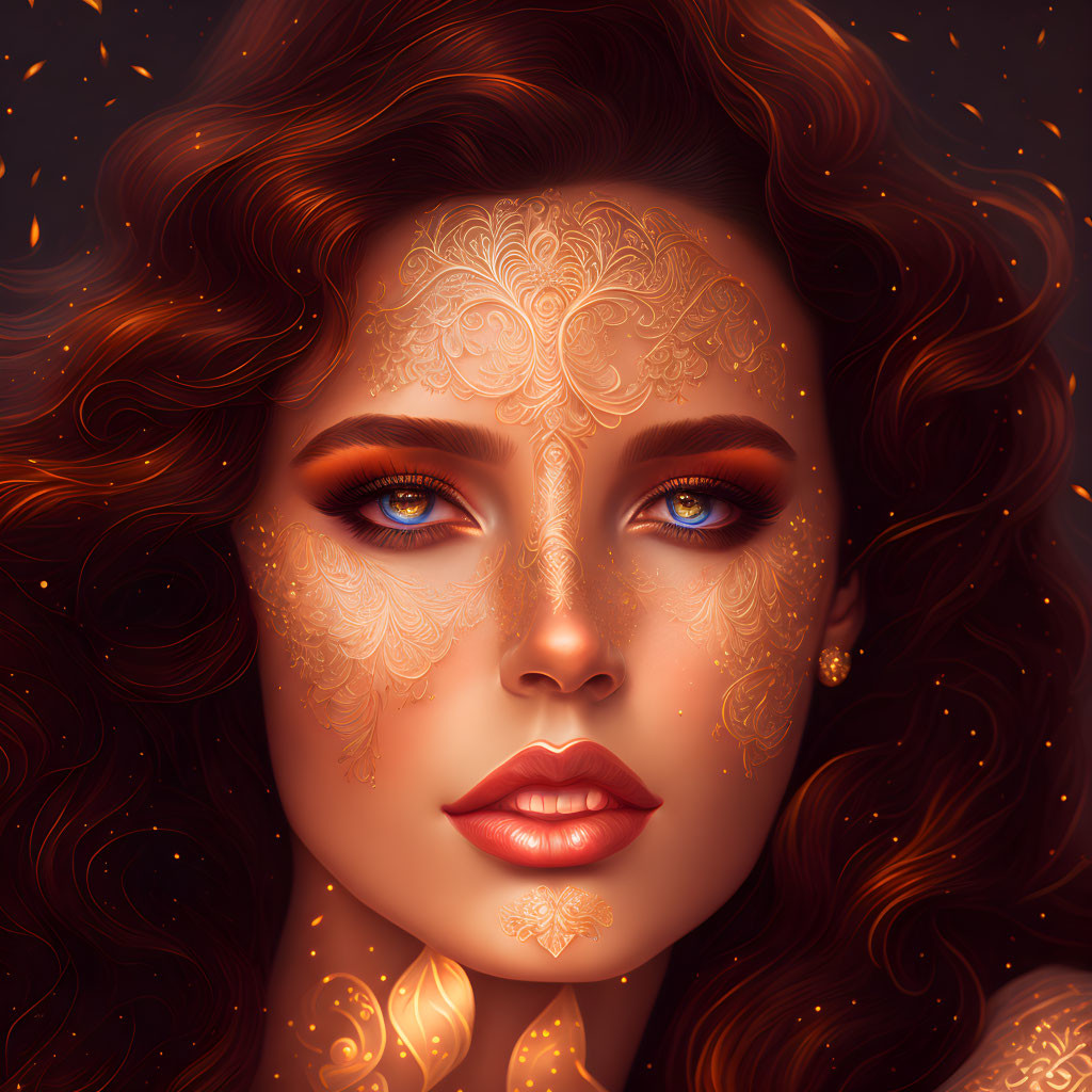 Detailed illustration of woman with auburn hair and golden skin patterns.