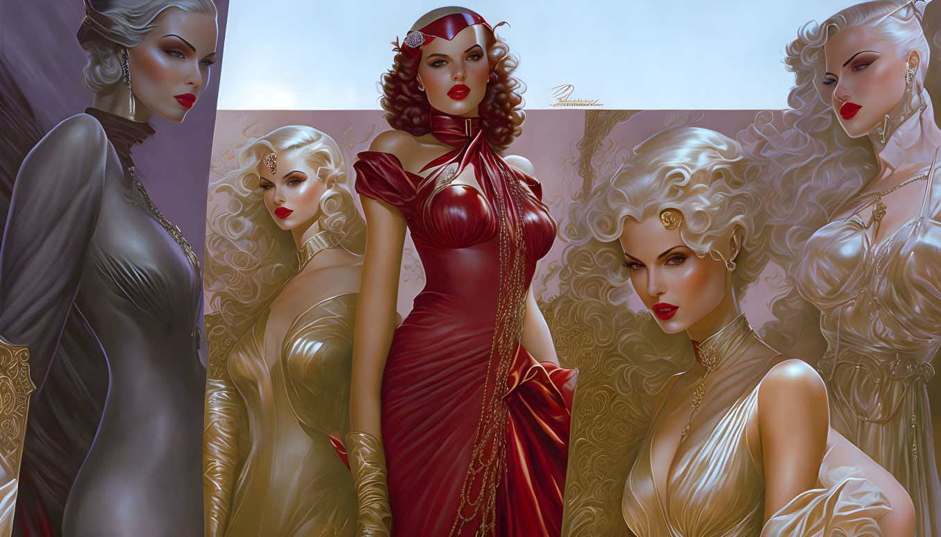 Sophisticated animated women in vintage glamorous attire with dramatic expressions on soft-colored backdrop