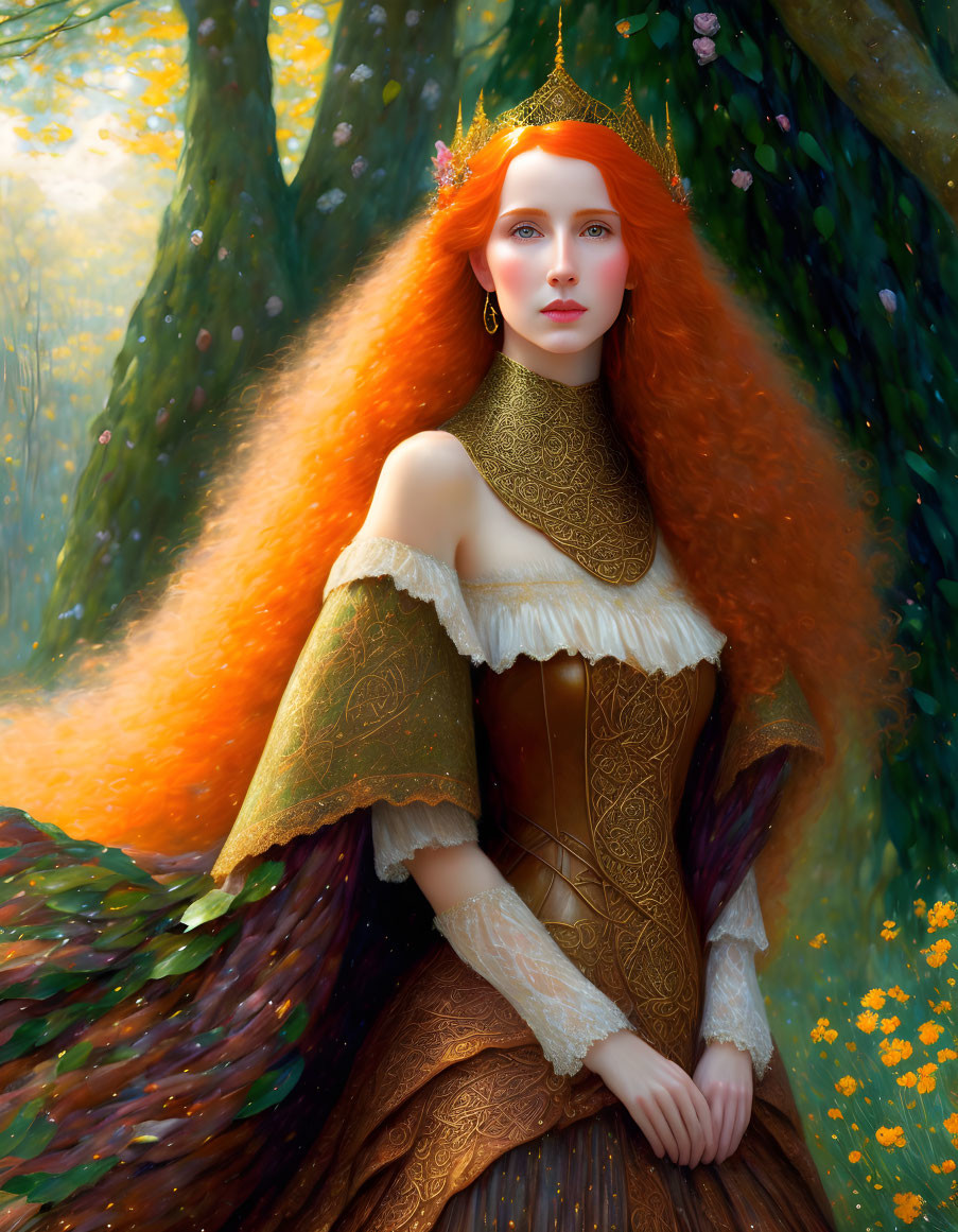 Regal woman with red hair and gold crown in woodland setting