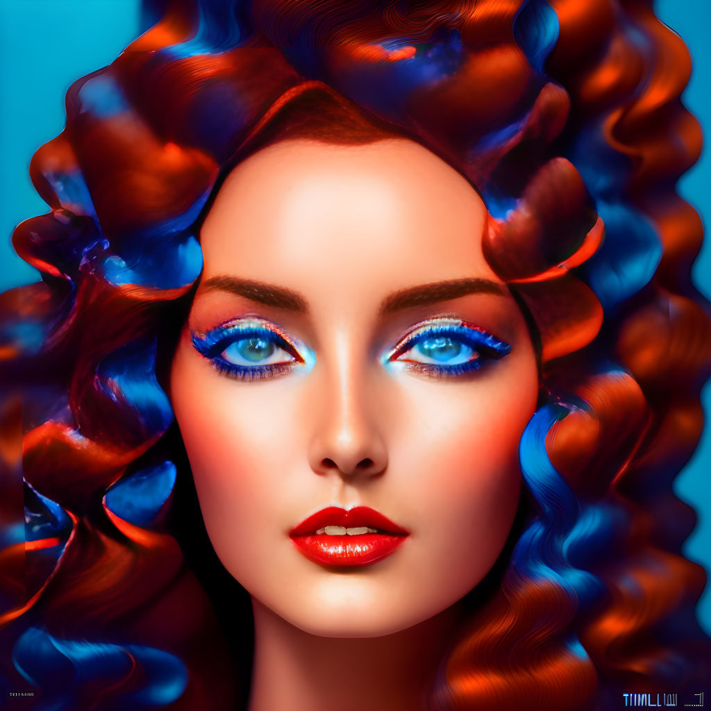 Vibrant blue eyeshadow and red lips on woman with curly hair against blue background