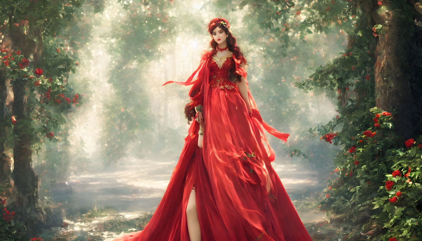 Woman in Elaborate Red Gown Standing in Enchanting Forest