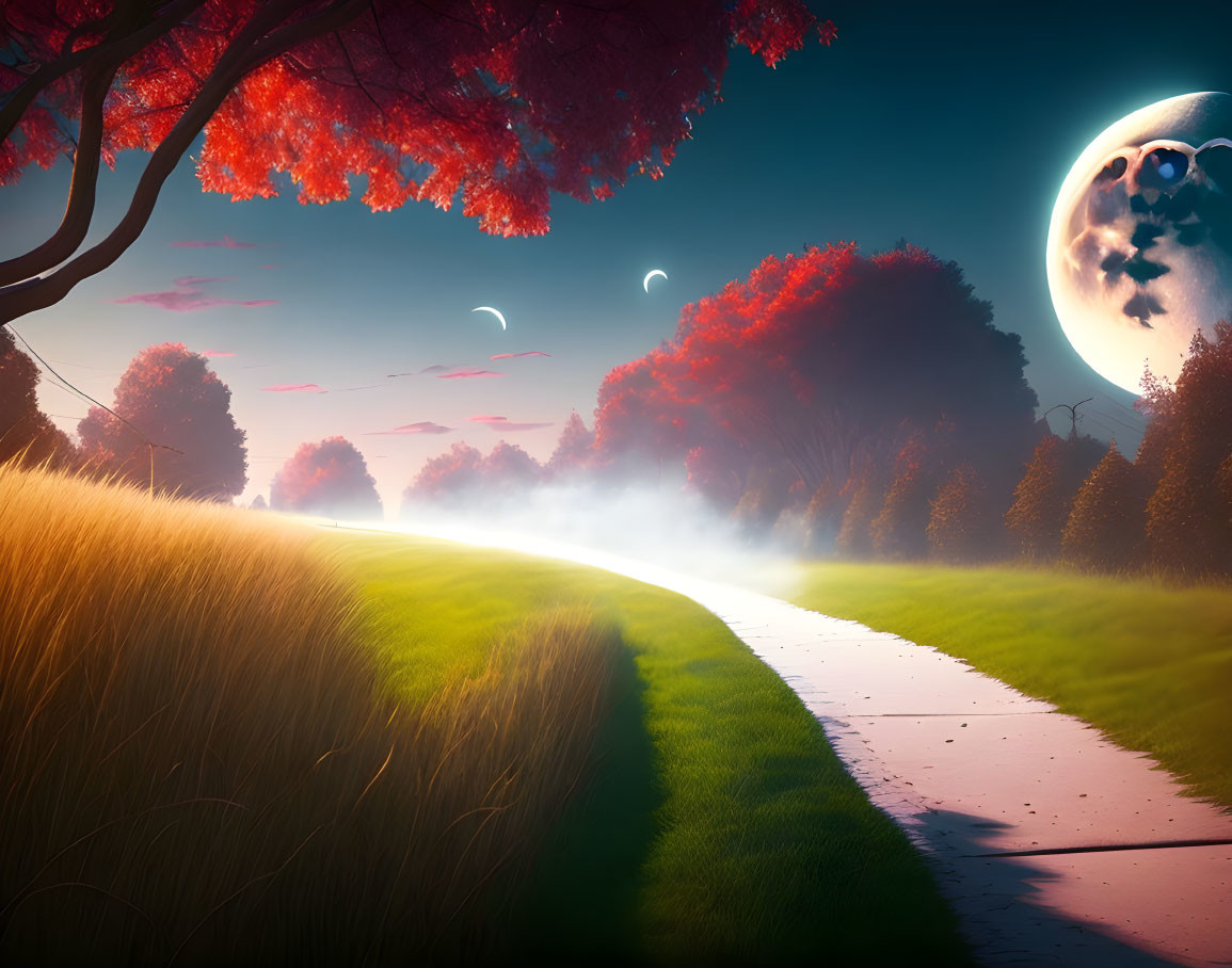 Mystical pathway in red foliage under large moon