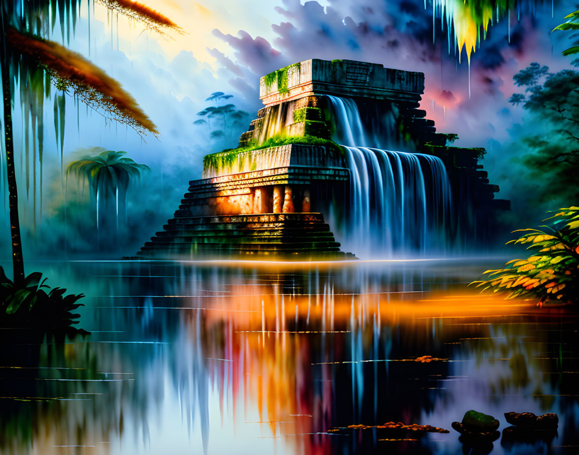 Moss-covered pyramid in colorful jungle with waterfalls at dusk
