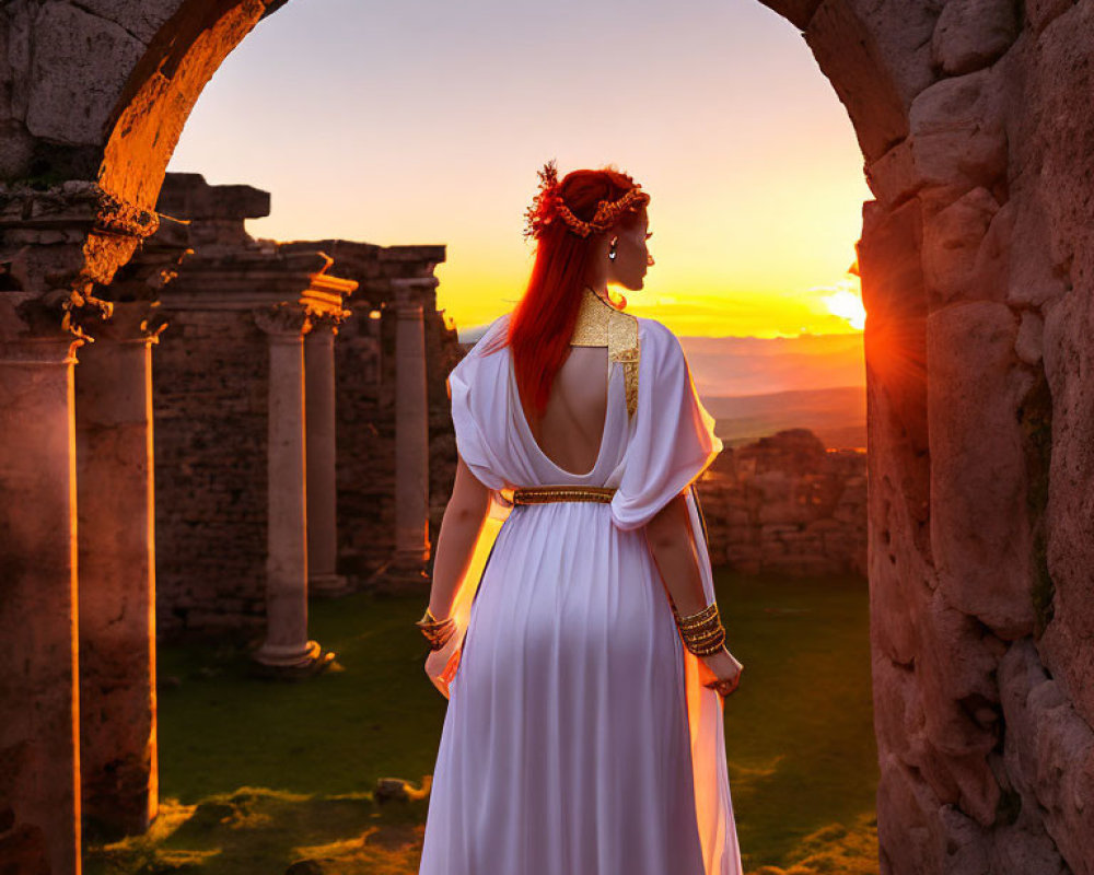 Woman in White Gown and Red Headpiece in Ancient Stone Archway at Sunset