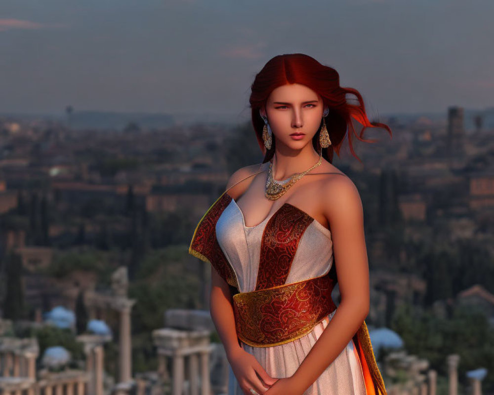 Digital art portrait of woman with red hair, golden jewelry, in classical dress, in ancient cityscape